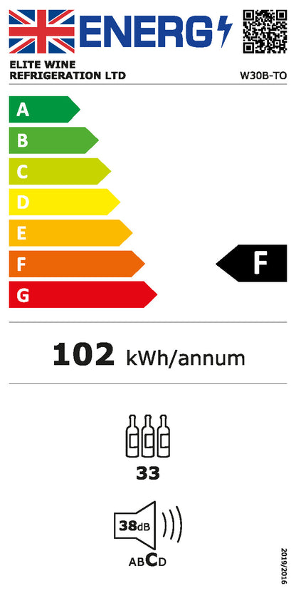 W30B-TO - 450mm Deep - Push2Open Wine Fridge - 33 Bottle - Black Glass
